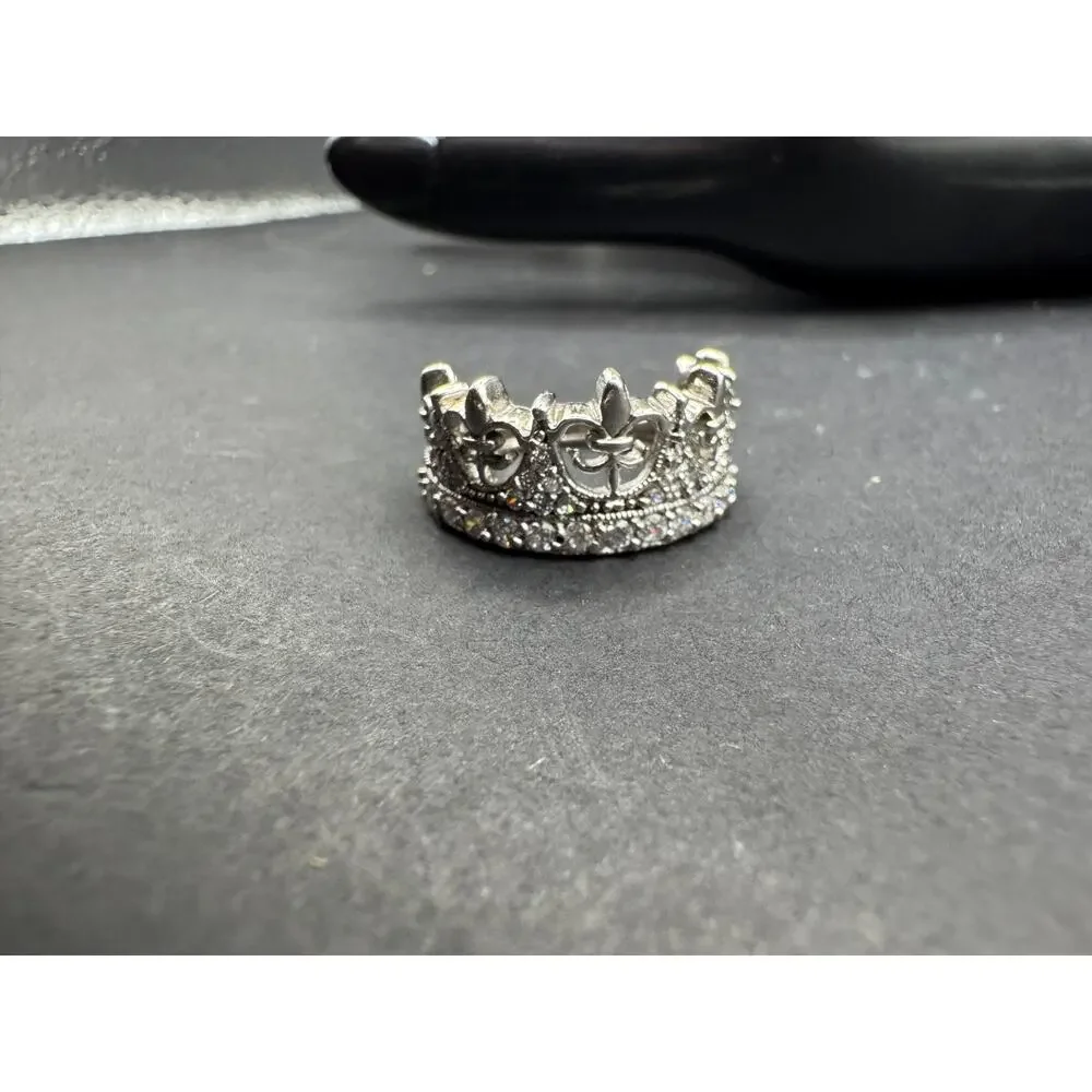 Vtg CI Signed Fleur De Lis Crown 925 Sterling Silver Cubic Zirconia Ring Sz 5.5